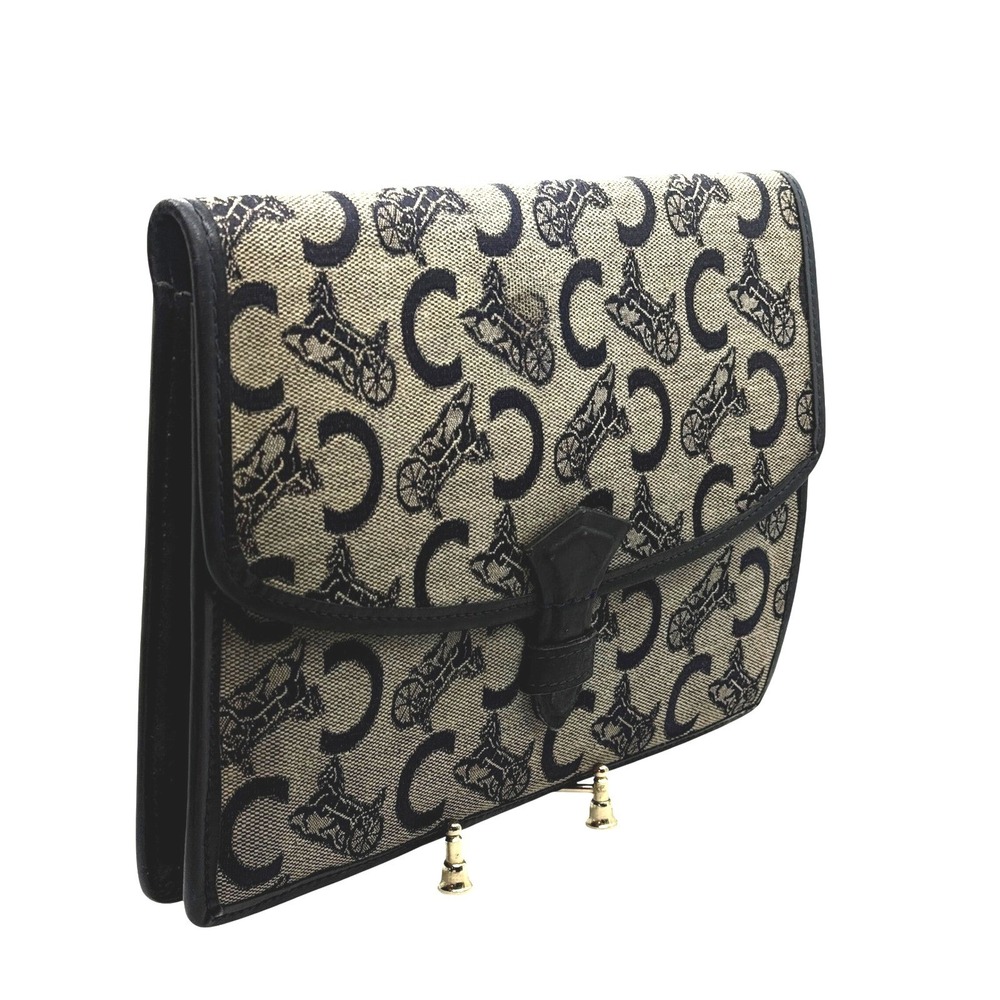 Celine Vintage Canvas Leather Trimmed Clutch Bag Monogram blue cream tan - Picture 2 of 11
